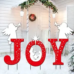 5 Pcs Large Outdoor Christmas Decorations -Joy Nativity Sets for Christmas Outdoor Xmas Nativity Lawn Religious Scenes Yard Decor with Stake for Home Lawn Pathway Walkway, Red, White