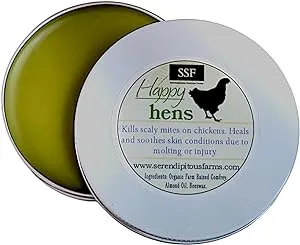 Happy Hens- All Purpose First Aid Poultry Balm. Organic Healing Ointment for Pecking Wounds/Sores, Frostbite, Mites, and Molting. Concentrated 2 oz. Tin Plastic Free Company.