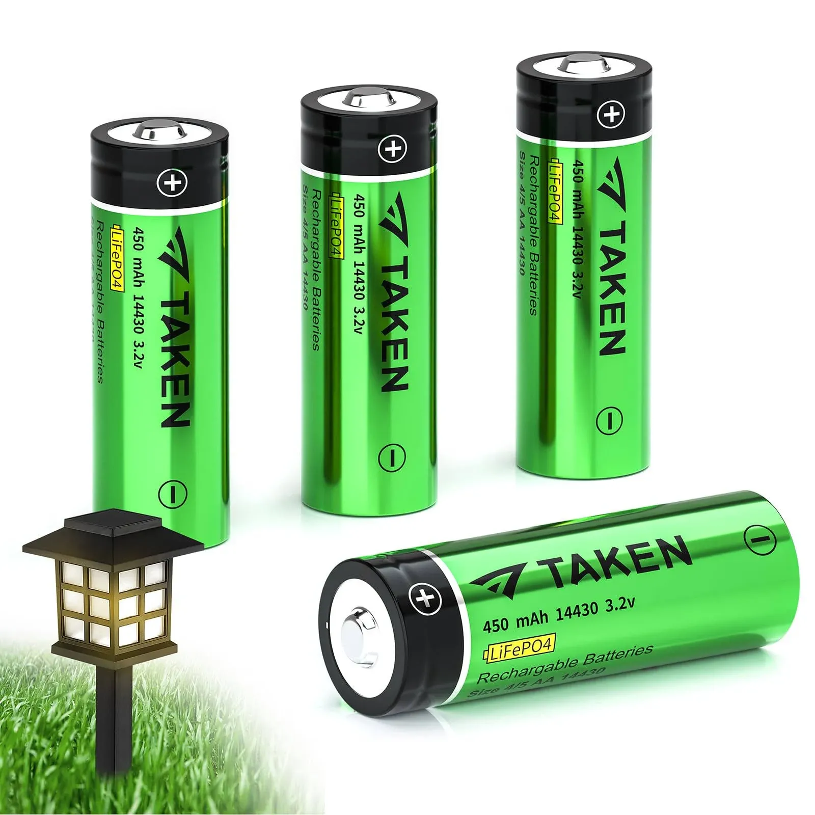 Taken 14430 Battery, 14430 3.2V 450mAh LiFePO4 Rechargeable Solar Battery for Solar Panel Outdoor Garden Lights - 4 Pack