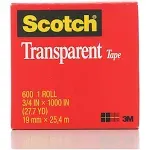 Scotch Transparent Tape, 1" Core, 0.75" x 27.77 yds, Crystal Clear, 3/Pack