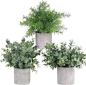 Winlyn Mini Potted Plants Artificial Eucalyptus Boxwood Rosemary Greenery in Pots Faux Potted Herbs Small Houseplants 8.3"-9" Tall for Indoor Greenery Tabletop Décor Centerpiece 3 Pack