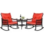 VEIKOU 3 Piece Rocking Bistro Set Outdoor Wicker, Patio Furniture Set with Glass Coffee Table, Porch Chairs Rattan Chair Conversation Sets with 3'' Thicken Cushion, Orange/Brown