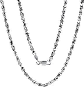 Nuragold 10K White Gold Diamond Cut Rope Chain Pendant Necklace