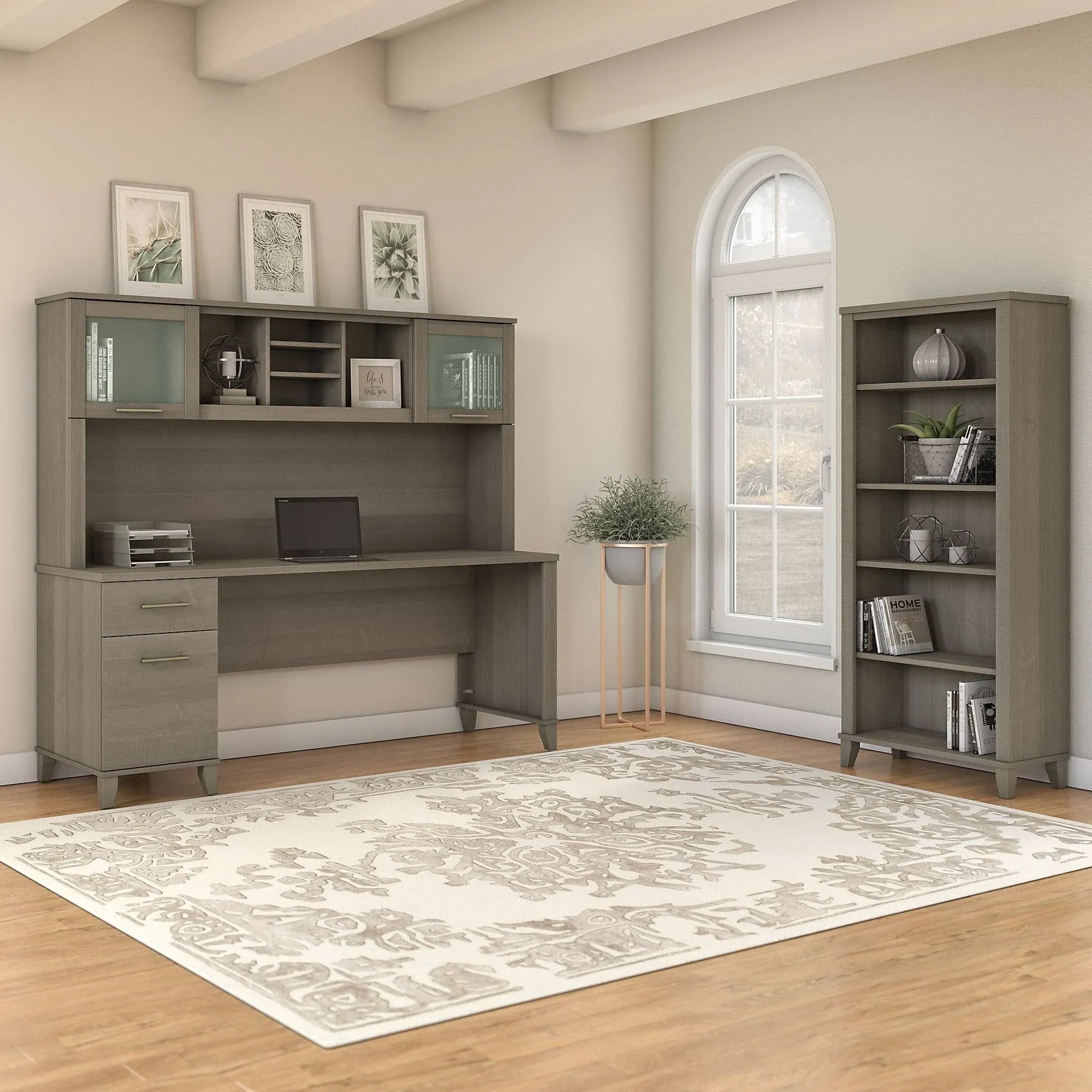 Bush Furniture Somerset 72W Office Desk with Hutch and 5 Shelf Bookcase Ash Gray ...