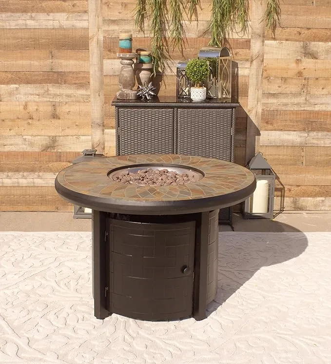 Pebble Lane Living 42" Natural Slate Outside Round Propane Fire Pit Table