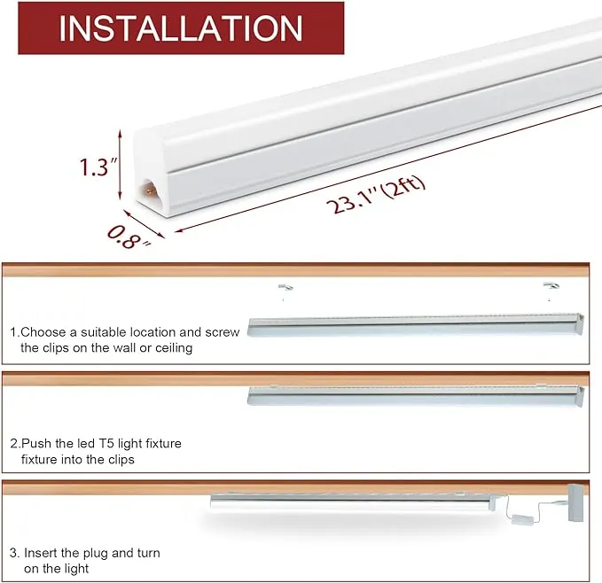 Kihung 8 Pack LED Shop Light Fixture 2FT 6500K 10W 1100LM, T5 Super Bright White LED Tube Strip for Garage, Workshop, Ceiling, Under Cabinet Light, Frosted Cover, Linkable, with ON/Off Switch