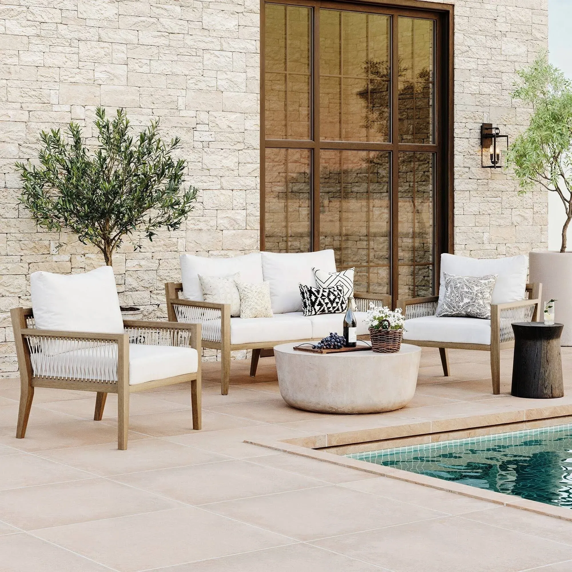 Nathan James 3PC Freya Bohemian Wood Outdoor Patio Conversation Set: Acacia Frame, Removable Cushions