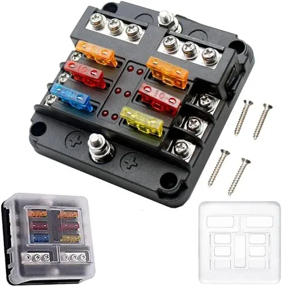 6 Way Fuse Block, Waterproof Universal Fuse Box with LED Warning Indicator Damp-