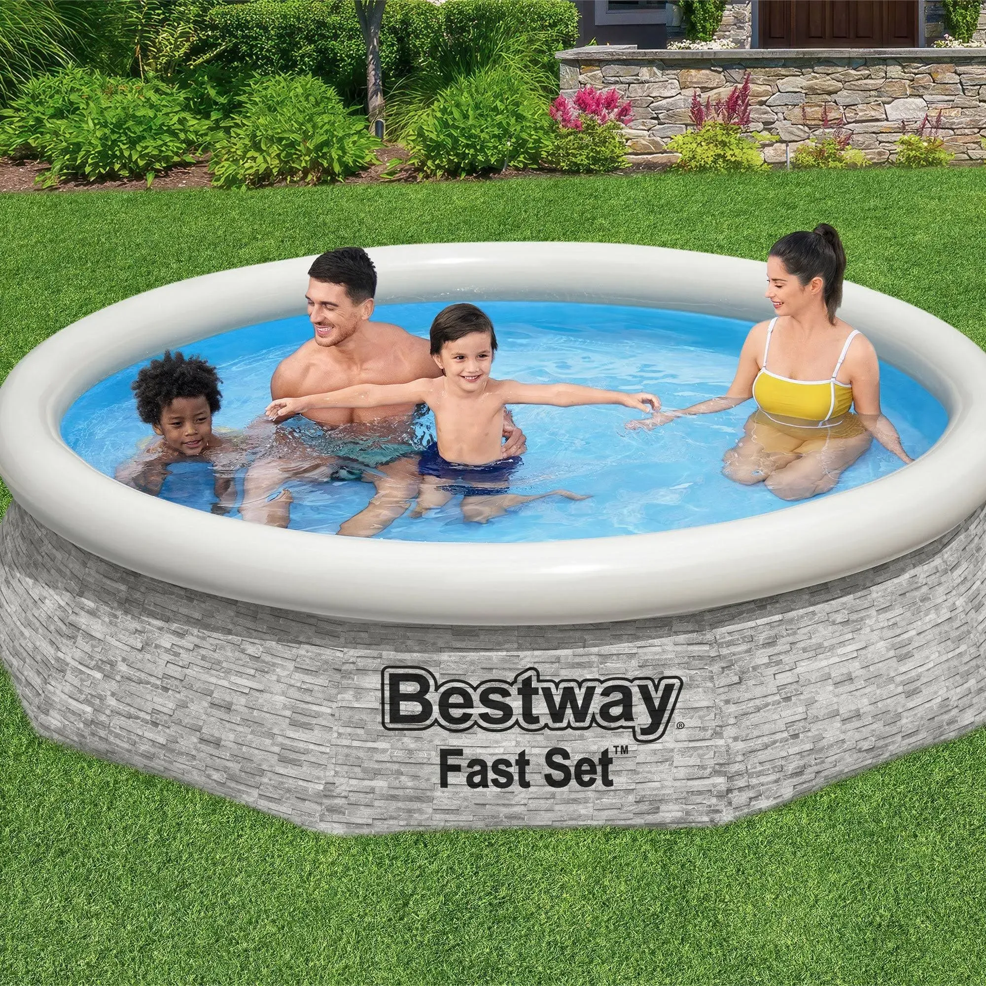 Bestway Fast Set 10\' x 26" Stacked Stone Inflatable Swimming Pool Outdoor Set