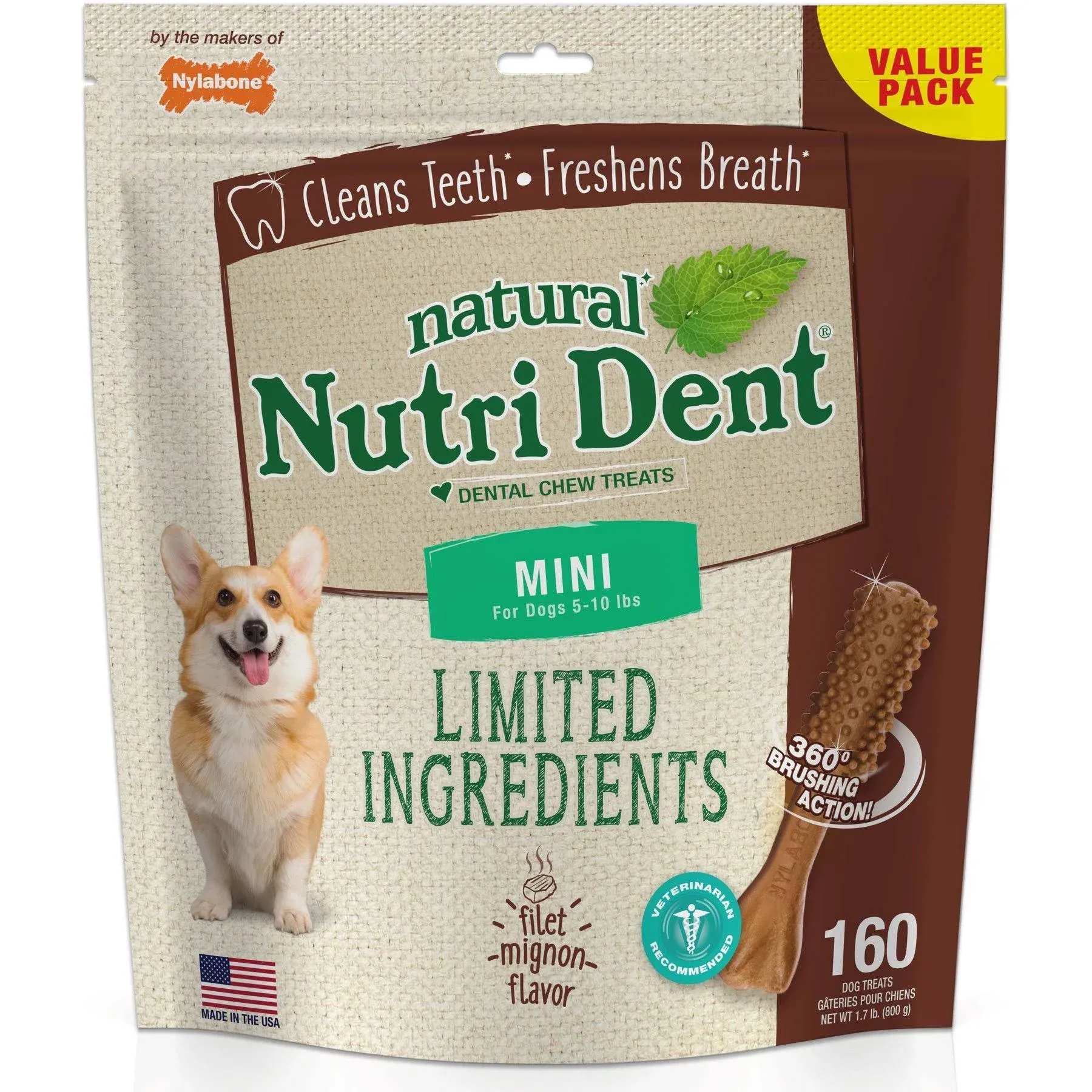 Nylabone Nutri Dent Filet Mignon Flavored Dog Dental Chews Mini - Up to 10 lbs. 160 Count