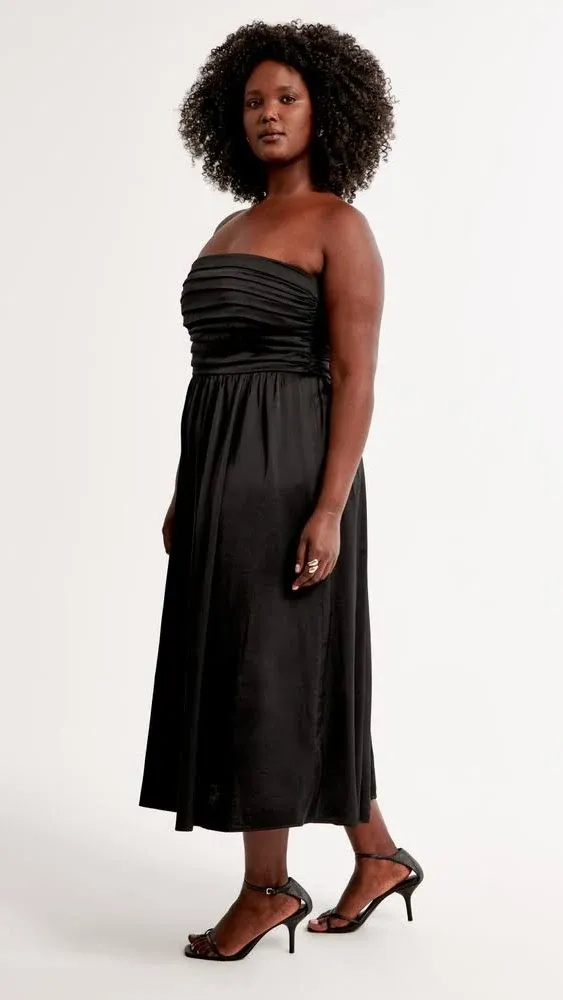 Women's Emerson Ruched Strapless Midi Dress in Black | Size Xxs | Abercrombie & Fitch