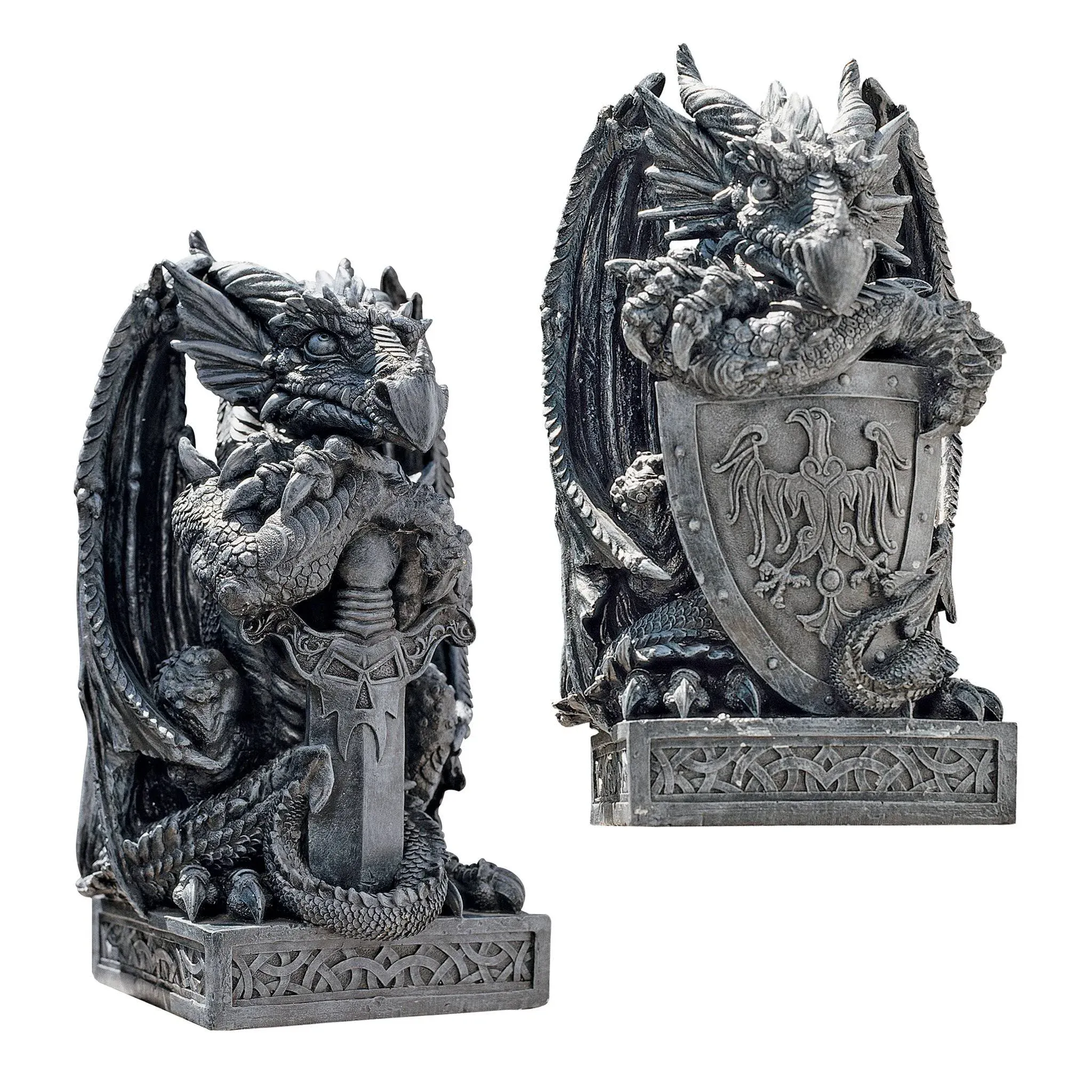 Design Toscano CL92897 Arthurian Dragons: Set of Sword and Shield Sentinel Statues, Gray Stone Finish