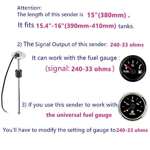 240-33 ohms 15"(380mm) Marine Fuel Sending Unit for Boat Truck Car Vehicle Fuel Tank Sending Unit Fuel Level Sending Unit Gas Water Tank Sender Fuel Gauge Sending Unit Water Level Sensor