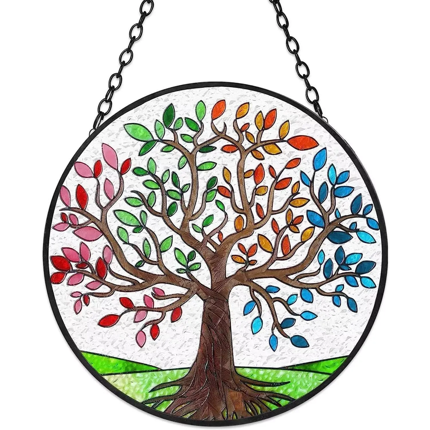 Tree of Life Stained Glass Suncatcher Four Seasons Theme Colorful Leaves Window 