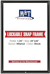 M&T Displays Lockable Snap Poster Frame 24x36 Inch Black 1.25" Aluminum Profile Front Loading Wall Mounting Picture Photo Document Certificate Sign Holder Mitered Corner Anti Glare Cover