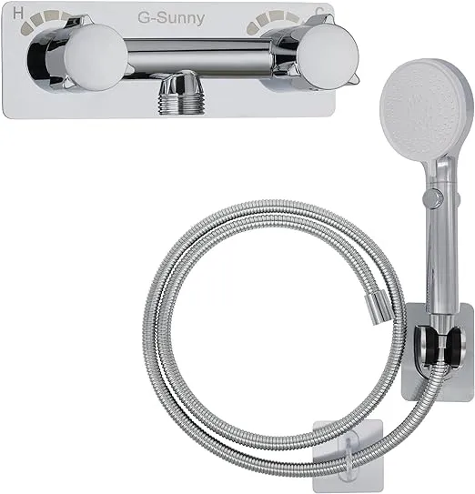 RV Shower Faucet with Hose and shower Head,Metal camper shower faucet Replacement,On-Off Shower Head with Hose Guide Ring and Shower Holder for RV, Camper, Motorhome (on/off switch, Chrome)