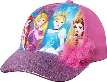 Disney Girls Princess Glitter Baseball Cap - Frozen Elsa, Anna, Cinderella, Belle, Ariel (2-7)