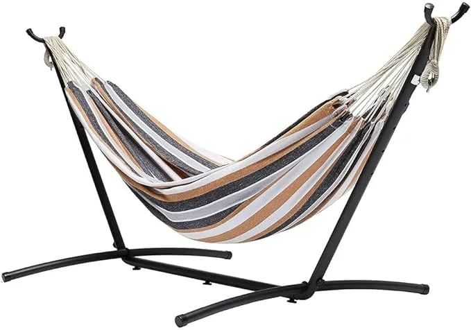 Amazon Basics Double 2 Person Heavy Duty Hammock with Space Saving Steel Stand and Carrying Case, 470lb Capacity, Multicolor, 118 L x 46.1 W x 39.4 H inches