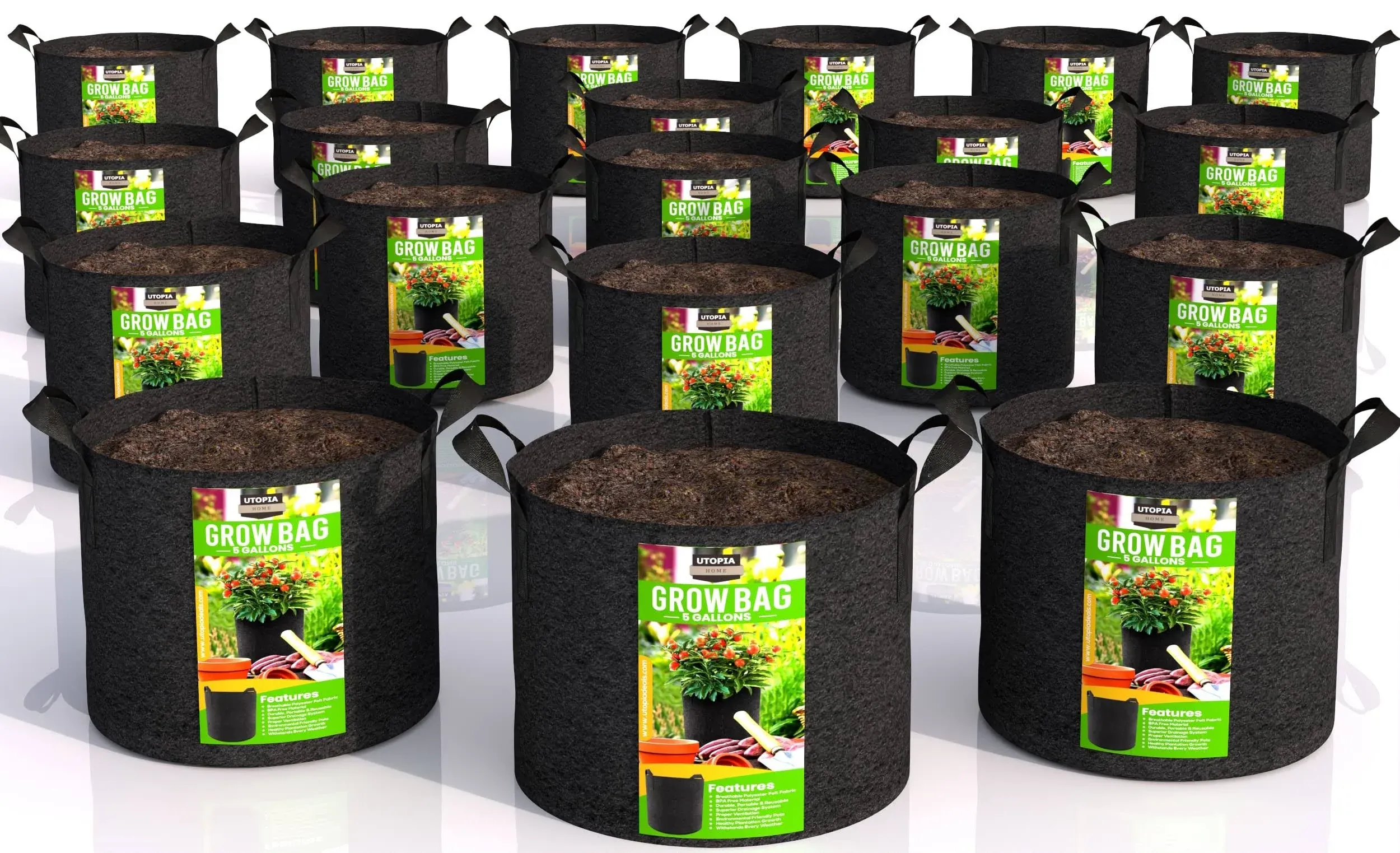 Utopia Home 20 Pack 5 Gallon Grow Bags, 300g Thickened Nonwoven Plant Fabric Pots for Outdoor, Grow Pots, Garden Plant Bags, Aeration Fabric