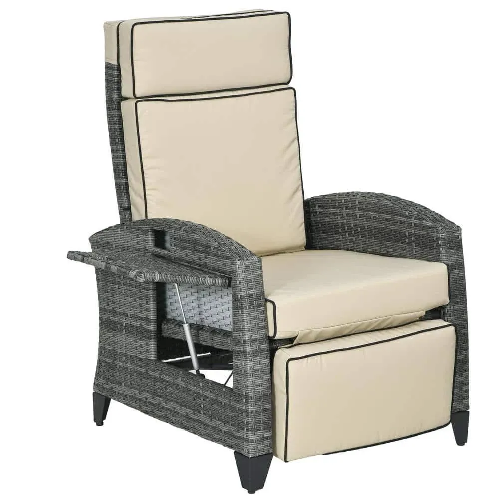 Outsunny Outdoor Recliner Chair with Cushion, PE Wicker Reclining Patio Lounge Chair with Adjustable Footrest - Khaki