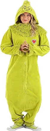 Dr. Seuss The Grinch Costume for Adults, Grinch Jumpsuit with Hood, Furry Green Monster Onesie Outfit