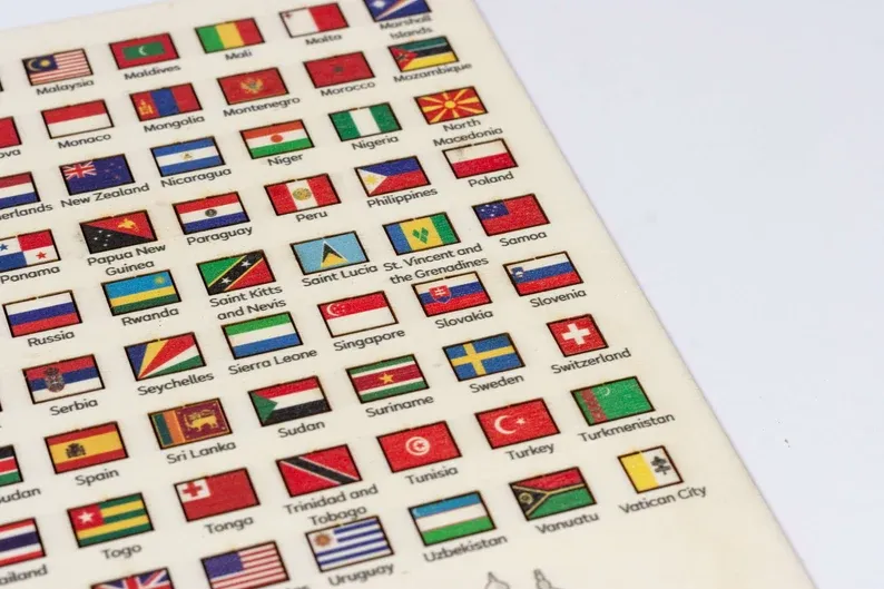 Wooden World Flags (346 pieces) stickable - countries, states - push pins location markers thumb tacks - for wooden maps, scratch maps