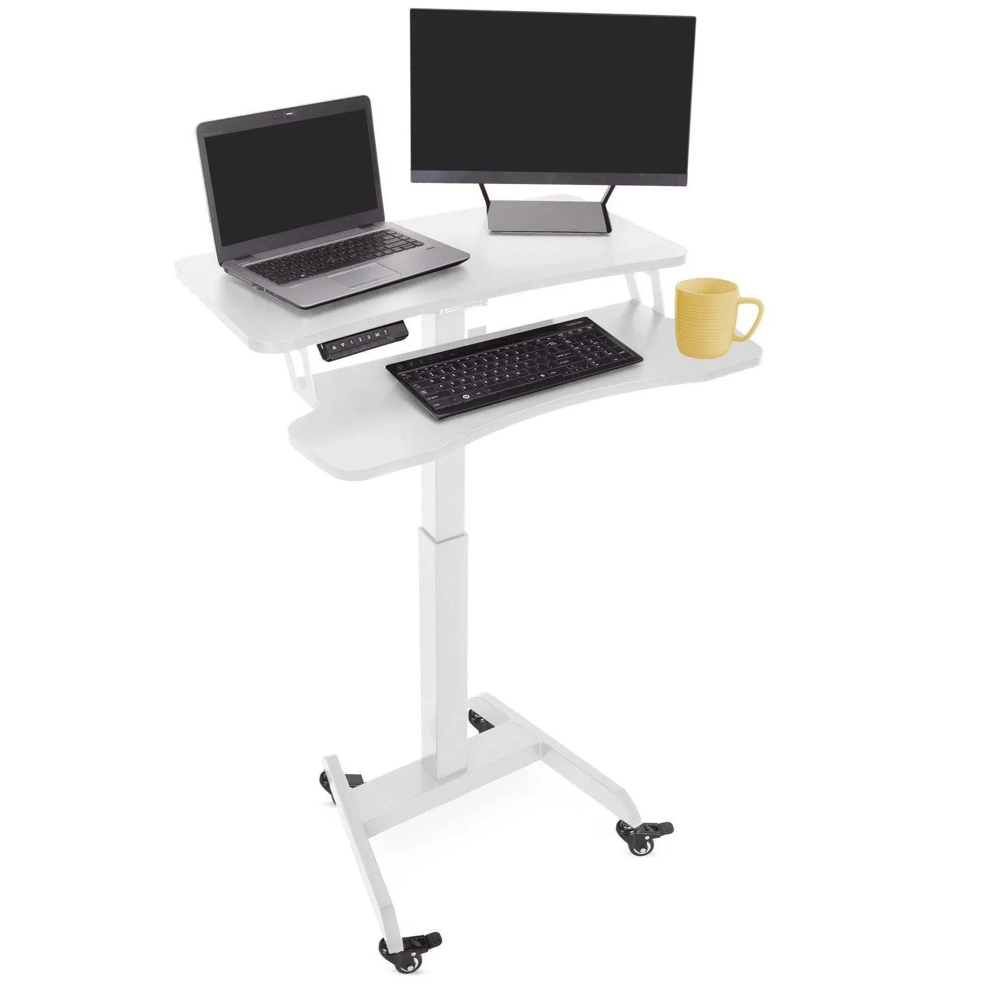 Stand Steady Cruizer Premier Electric Mobile Podium Desk with Keyboard Tray | Sit or Stand Height Adjustable Portable Standing Desk with Wheels | Portable Podium with Programmable Control Pad (White)