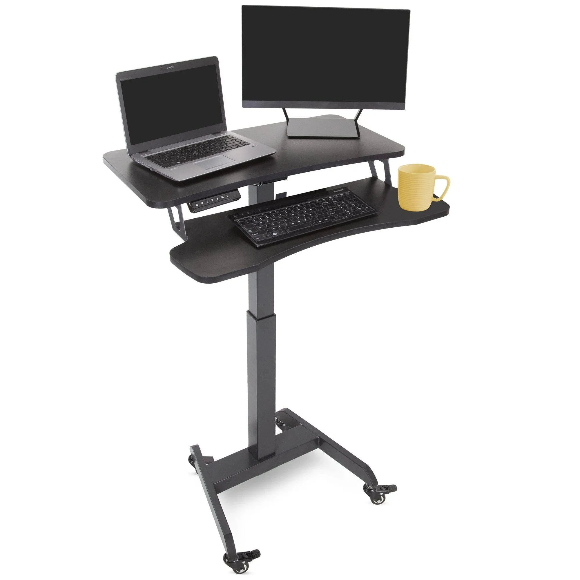 Stand Steady Cruizer Premier Rolling Electric Podium Desk - Height Adjustable, Mobile Standing Desk with Wheels, Keyboard Tray, Programmable Control, Compact Design for Office, School, Home (Black)