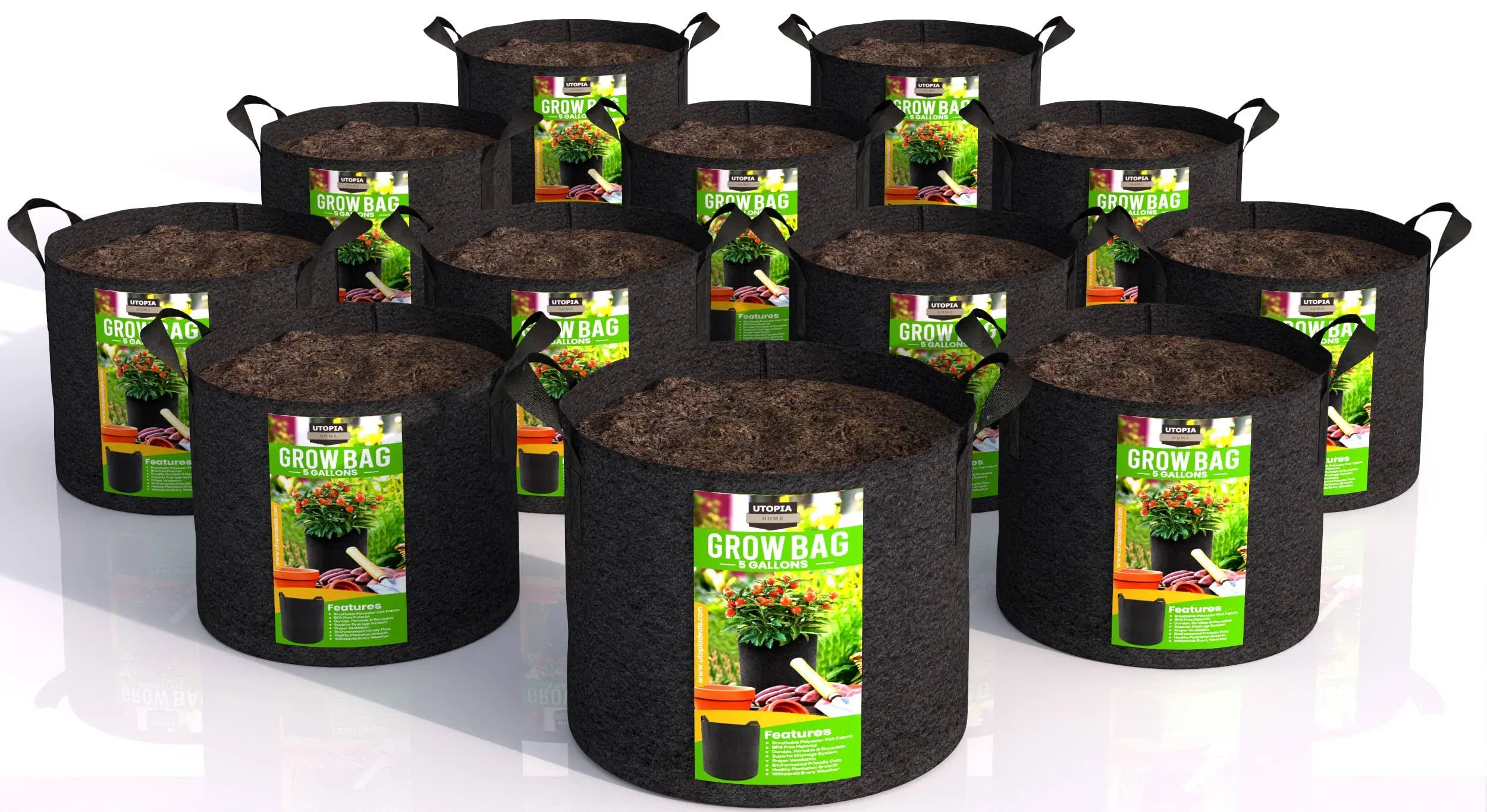 Utopia Home 12 Pack 5 Gallon Grow Bags, 300G Thickened Nonwoven Plant Fabric Pots for Outdoor, Grow Pots, Garden Plant Bags, Aeration Fabric Planters for Fruits, Vegetables and Flowers