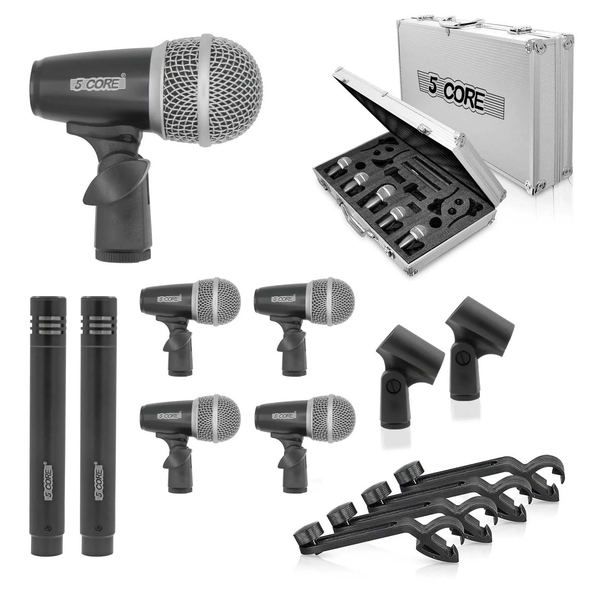 5Core Drum Mic Kit 7 Pcs Kick BassTom Snare Dynamic Mics Instrument Microphone Set BLACK