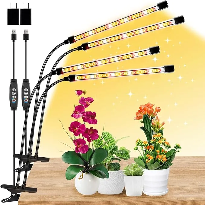 Full Spectrum 2 Heads Plant Grow Lights for Indoor Plants with 10 Feet Cables,10 Dimmable Levels and 3/9/12H Timer(Adapter Included)