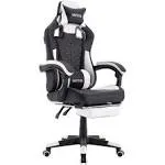 Gaming-Stuhl mit Massage, ergonomischer PC-Gaming-Stuhl mit Fußstütze, bequeme Kopfstütze und Lendenwirbelstütze, hohe Rückenlehne, PVC-Leder, 136 kg, Schwarz / Weiß