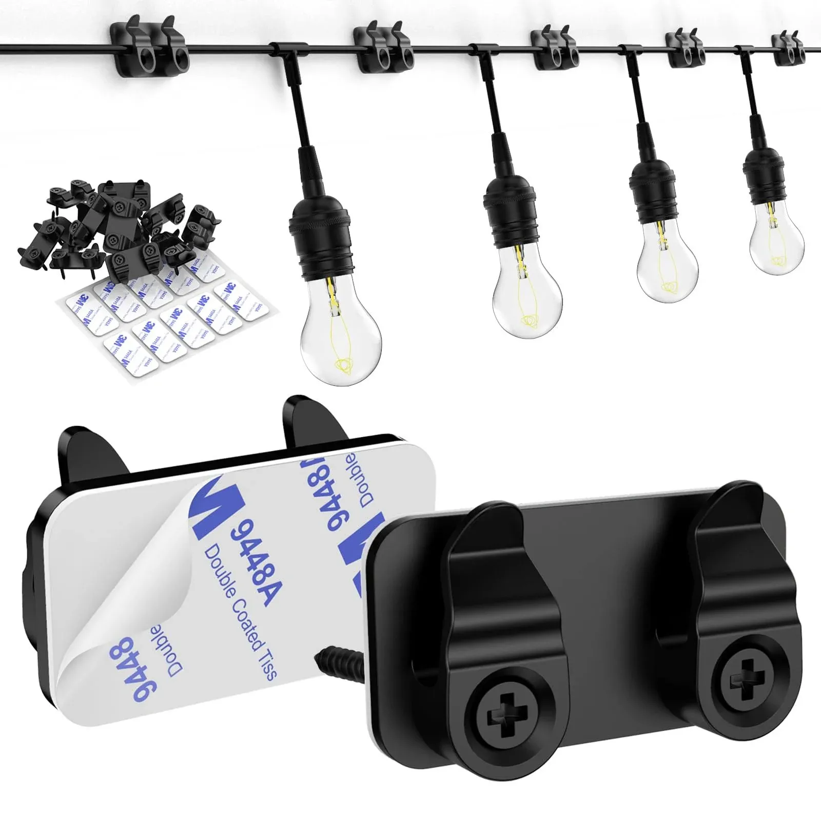 FALDAA Hooks for Outdoor String Lights Clips, 50pcs Heavy Duty Light Hook with Waterproof Adhesive Strips, Outside Black Cord Holders for Hanging Christmas