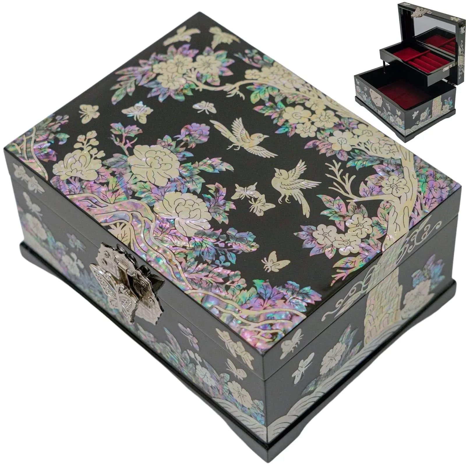 February Mountain Mother-of-Pearl Jewelry Box | Wooden Make | Two-Layer Velvet Interior | Mirror Lid | Lacquer Finish | Handmade Korean Art | Valentine’s & Mother’s Day Gift (Plum Blossom)