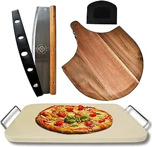 Ritual Life 4 Pcs Pizza Stone for Oven and Grill with Wooden Pizza Peel Paddle & Pizza Cutter Set - Detachable Serving Handles - BBQ Grilling