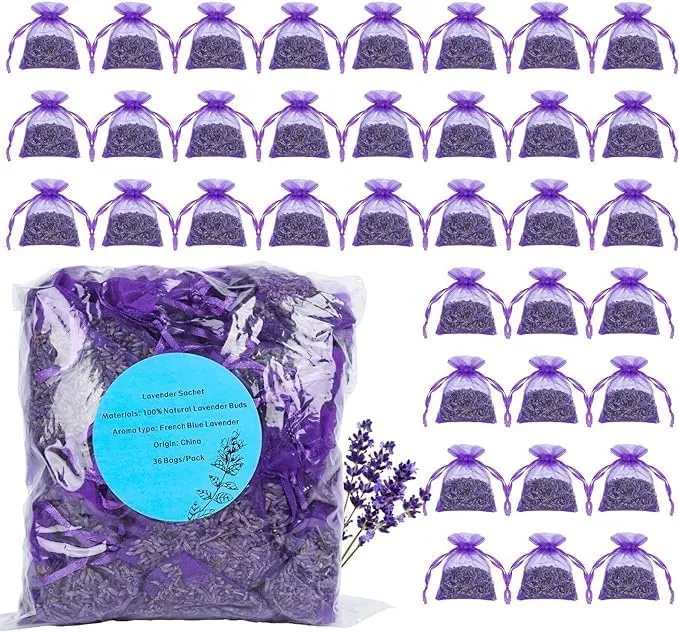 36 Pack Lavender sachets 100% Natural Dried Lavender Buds, French Lavender Strong Smell Fragrance for Drawers Closets Fresh Scents Home