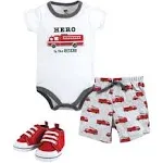 Hudson Baby Cotton Bodysuit, Shorts and Shoe Set, Firetruck Hero