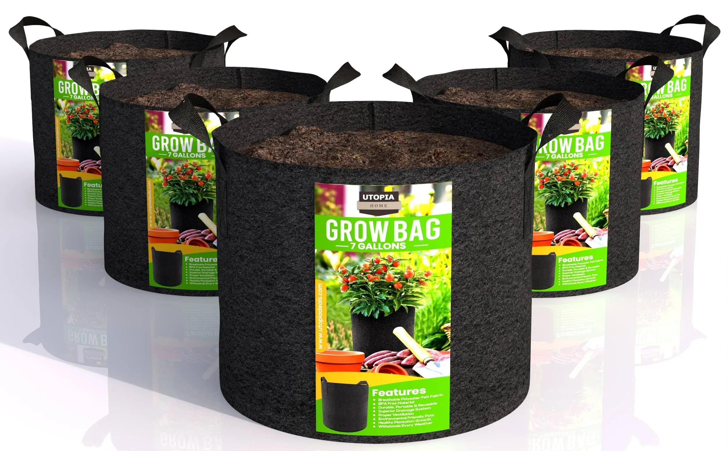 Utopia Home 5 Pack 7 Gallon Grow Bags, 300G Thickened Nonwoven Plant Fabric Pots for Outdoor, Grow Pots, Garden Plant Bags, Aeration Fabric Planters for Fruits, Vegetables and Flowers