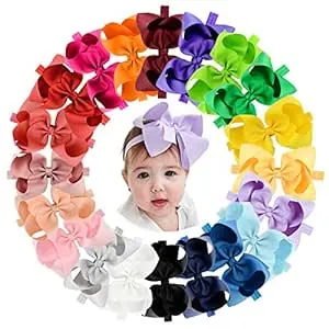 jollybows 20pcs Baby Girls Grosgrain Ribbon Hair Bows Headbands 6" Elastic Hair Band Hair Accessories for Infants Newborn (Multicoloured 6“ Bows Elastic Headband)