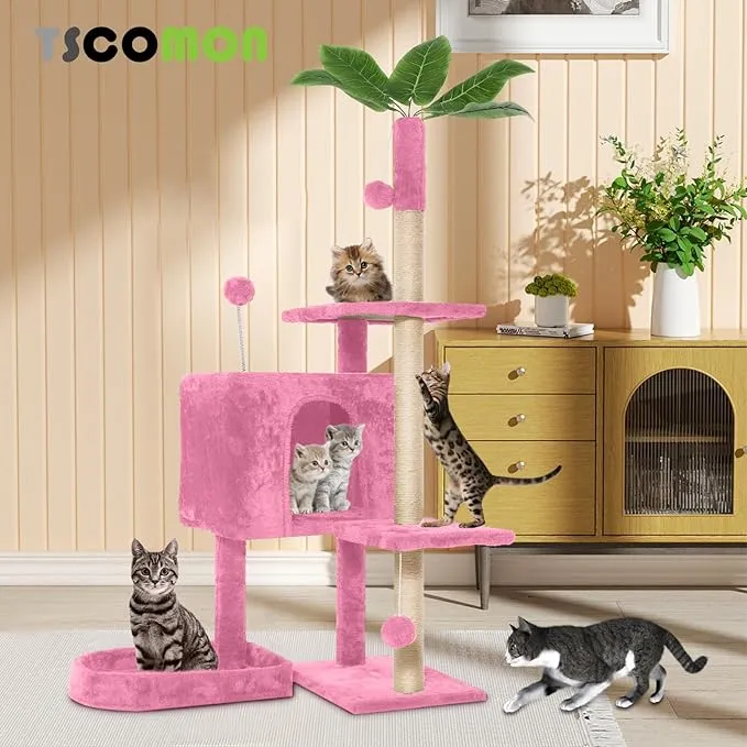 52" Cat Tree Cat Tower for Indoor Cats with Green Leaves, Multi-Level Cozy Plush Cat Condo Cat House Scratching Posts for All Breeds Sizes