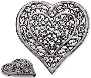 Cast Iron Heart Trivet | Decorative Cast Iron Trivet for Kitchen Countertop Or Dining Table | Vintage Design | 6.75X6.5 | with Rubber Pegs/Feet - Recycled Metal | Silver with Black