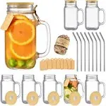 TANGLONG Mason Jar with Lid and Straw 24 oz Mason Jar Cups Set of 8 Glass Cups with Lids and Straws Mason Jars with Handle Mason Jar Drinking Glasses