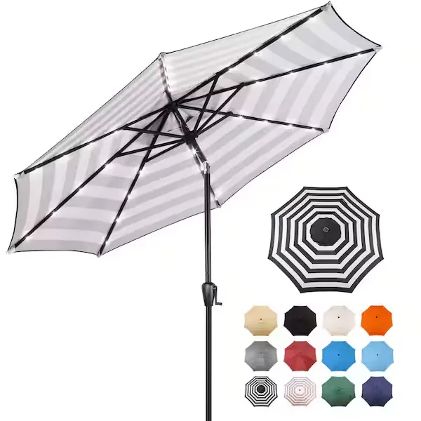 9 Ft. Steel Market Solar Lighted 8-Rib Round Patio Umbrella In Taupe