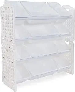 UNiPLAY Toy Organizer with 12 Removable Storage Bins, Multi-Bin Organizer for Books, Building Blocks, School Materials, Toys with Baseplate Board Frame (White)