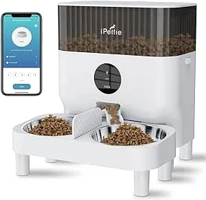 iPettie Automatic WiFi Pet Feeder for 2 Pets, 5L/21 Cup Capacity, 1-10 Meals Per Day, Adjustable Bowl Height, Smart Dog Cat Feeder with 2 Stainless Steel Bowls, Voice Recording, 2.4G WiFi App Control