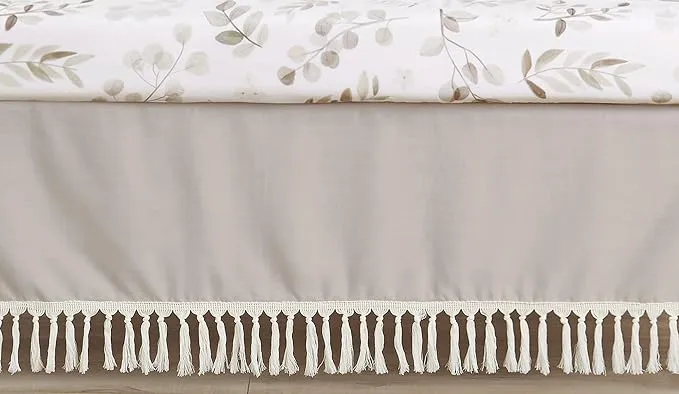 Sweet Jojo Designs Boho Fringe Boy or Girl Baby Nursery Crib Bed Skirt Dust Ruffle - Gender Neutral Beige Tan Taupe Linen Tassel Macrame for Bohemian Woodland Farmhouse Botanical Leaf Collection