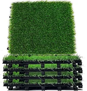 Interlocking Grass Deck Tiles 8 Pack - 12 x 12 Turf Tiles | Snap On Tile Flooring - Fake Grass Tiles, Artificial Grass Floor | Rubber Tiles, Outdoor Tile for Patio Table, Grass Balcony Décor