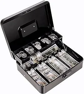 Cash Box with Money Tray and Combination Lock Metal Money Box for Cash Register Tiered Lock Box for Money 11.8" x 9.4" x 3.54" Black