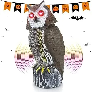 Solar Bird Repellent, Owl Decoy Bird Deterrent Devices Outdoor with Flashing Eyes & Realistic Sound & Rotating Head, Intelligent Animal Repeller for Home, Garden, Patio, RV, Halloween