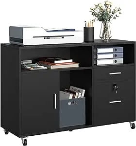 YITAHOME Wood Lateral File Cabinet for Home Office, 2 Drawer Storage Cabinet, Fits A4, Letter Size Files, Printer Stand with Shelves and Door, Black